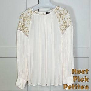 ANA Petite Boho Gauze Embroidered Peasant Top Long Sleeve Ivory Tan NWOT
